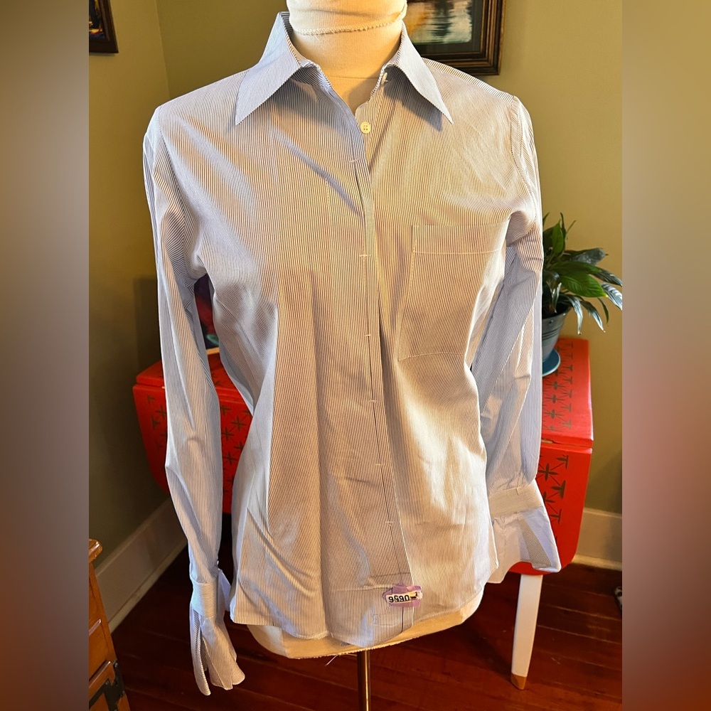 Blue Striped Button-Up Shirt Bell Sleeves